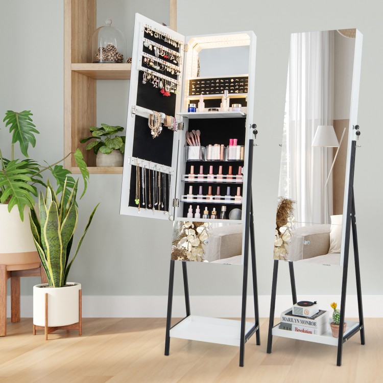 Freestanding jewelry organizer with full-length mirror, lockable design, LED lights, and ample storage for cosmetics.