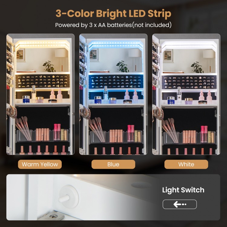 Freestanding jewelry organizer with full-length mirror, 3-color LED lights, and lockable storage for safety and style.