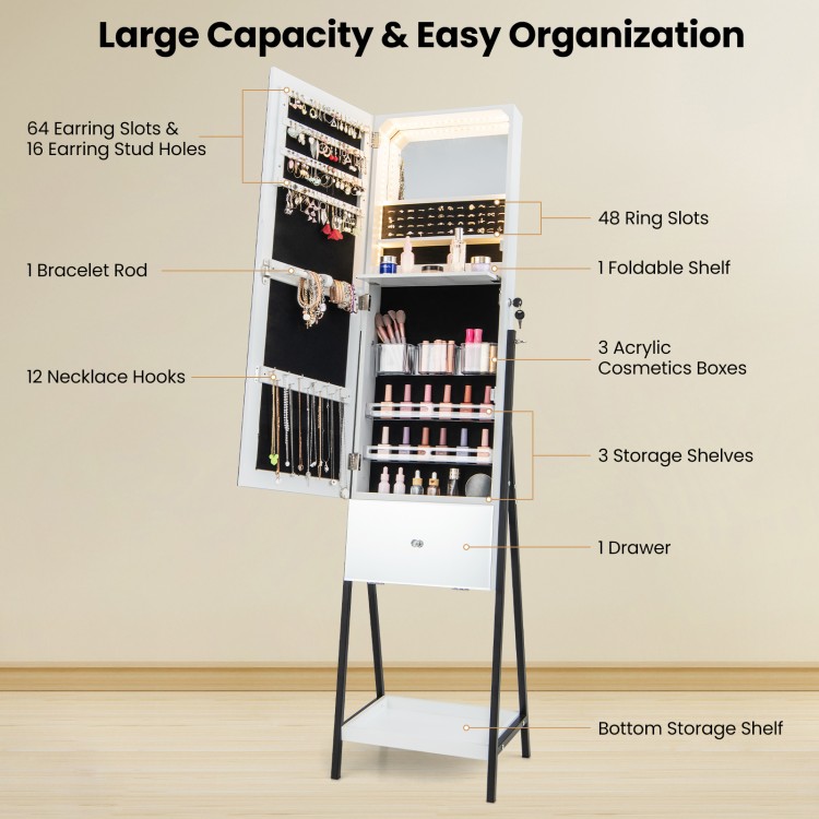 Freestanding jewelry organizer with full-length mirror, large capacity, and LED lights for easy makeup application.