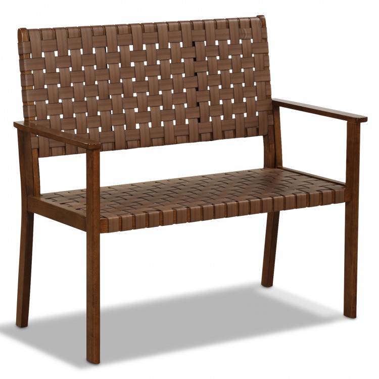 Outdoor all-weather bench with hand-woven PU leather in brown, solid rubber wood frame, ideal for patio or porch use.