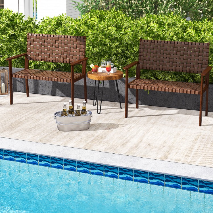 Outdoor all-weather bench with hand-woven PU leather and rubber wood frame, perfect for poolside relaxation.