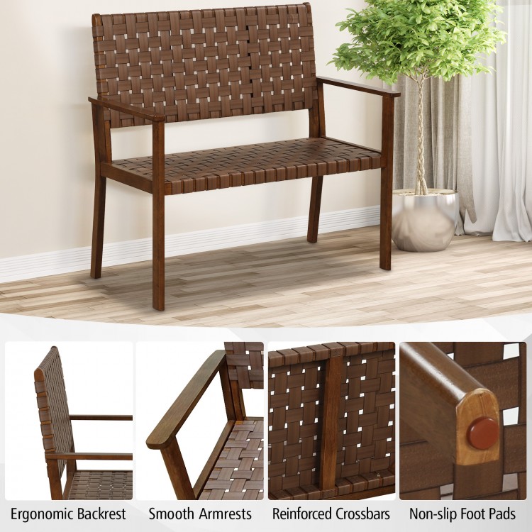 Outdoor bench with hand-woven PU leather and rubber wood frame, featuring ergonomic backrest and smooth armrests for.