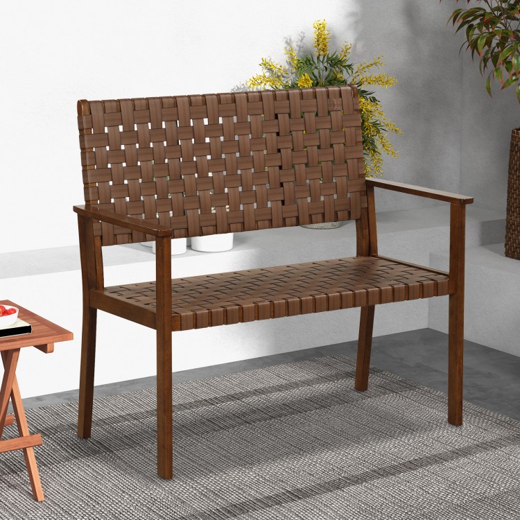 Outdoor all-weather bench with ergonomic armrests and backrest, crafted from solid rubber wood and hand-woven PU.