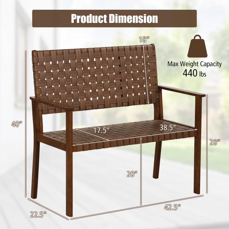 Outdoor all-weather bench with solid rubber wood frame, hand-woven PU leather, and dimensions for patio or porch use.