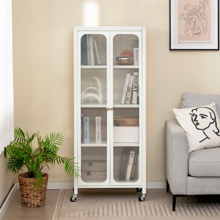 White glass doors storage cabinet on wheels with adjustable shelves, ideal for organizing books and enhancing living.