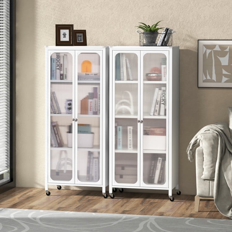 White glass doors storage cabinet with anti-collision design and 4 wheels, perfect for stylish organization in any.