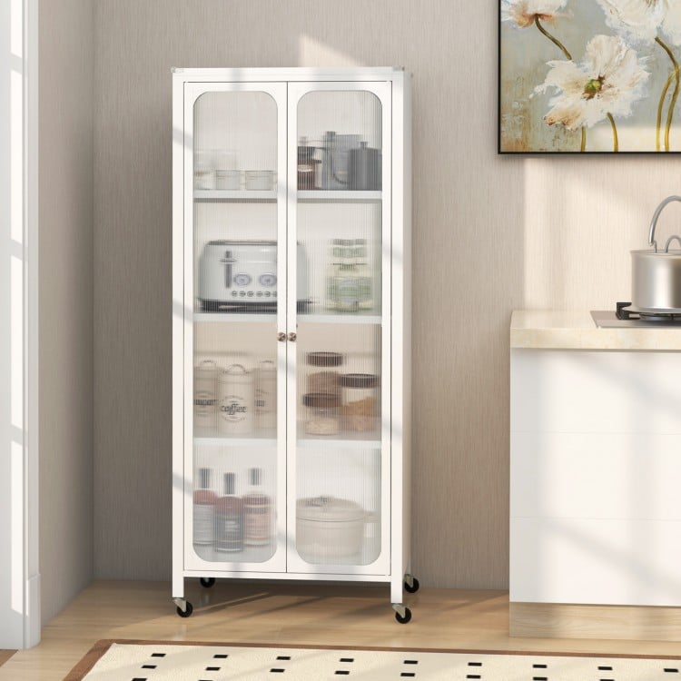 White storage cabinet with glass doors and wheels, showcasing an anti-collision design and spacious interior for.