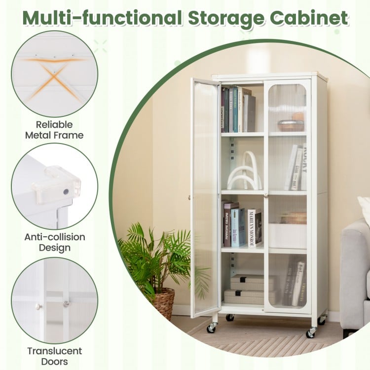 White glass doors storage cabinet with wheels, adjustable shelves, and anti-collision design for versatile organization.