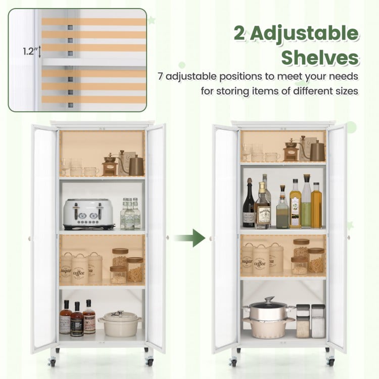 Glass doors storage cabinet with wheels, featuring 2 adjustable shelves for customizable organization in white.