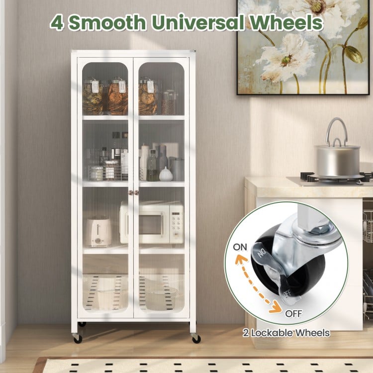 White glass doors storage cabinet with adjustable shelves and 4 smooth universal wheels for versatile organization.