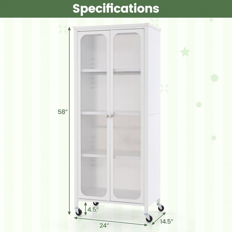 White glass doors storage cabinet with wheels, featuring adjustable shelves, 58" height, ideal for versatile.
