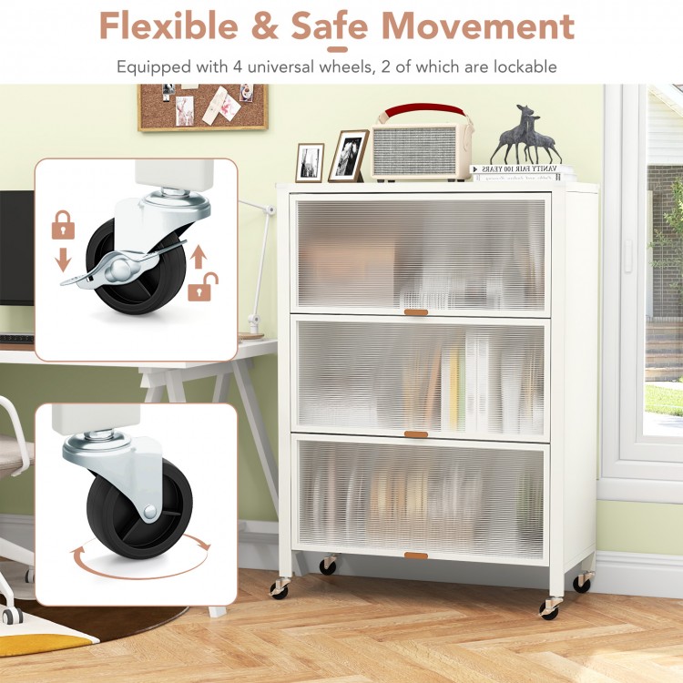 4-tier white kitchen bakers rack with flip doors and lockable wheels, offering ample storage and easy mobility.