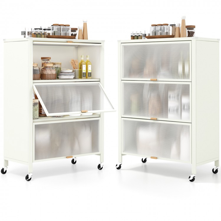 4-tier white kitchen bakers rack with flip doors, ample storage, and wheels for easy mobility and space-saving.