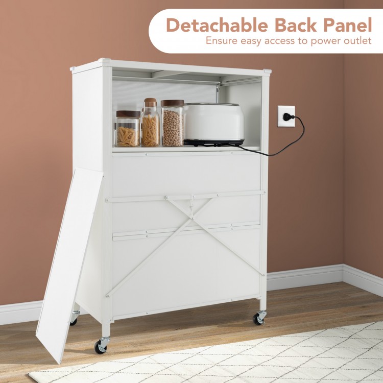 4-tier white kitchen bakers rack with detachable back panel, flip doors, and ample storage for countertop convenience.