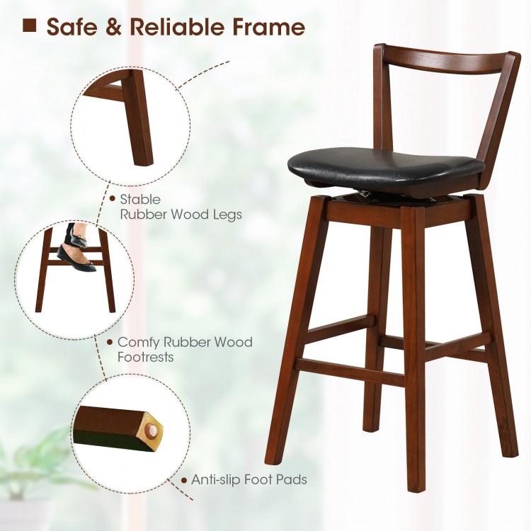 Swivel upholstered stool with cushioned seat, waterproof PU leather, and rubber wood legs for kitchen or bar use.