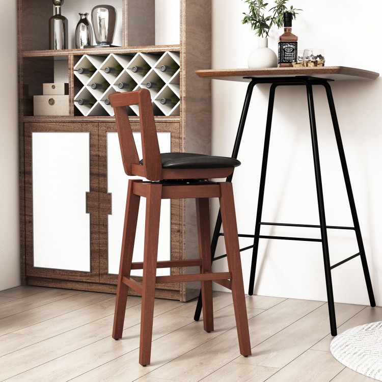 Swivel upholstered PU leather stool with cushioned seat and backrest, ideal for kitchen or bar use.
