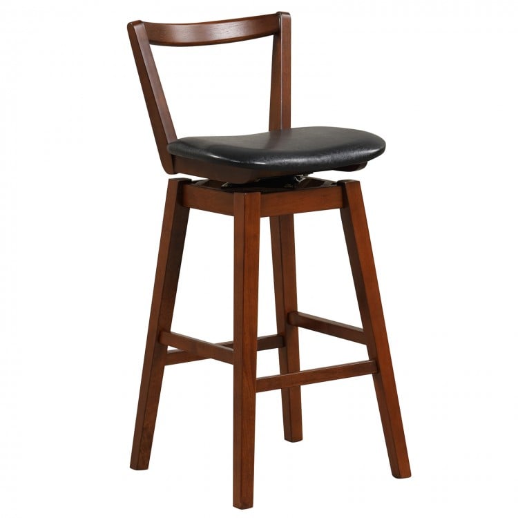 Swivel upholstered PU leather stool with backrest, cushioned seat, and sturdy frame for kitchen or bar use.