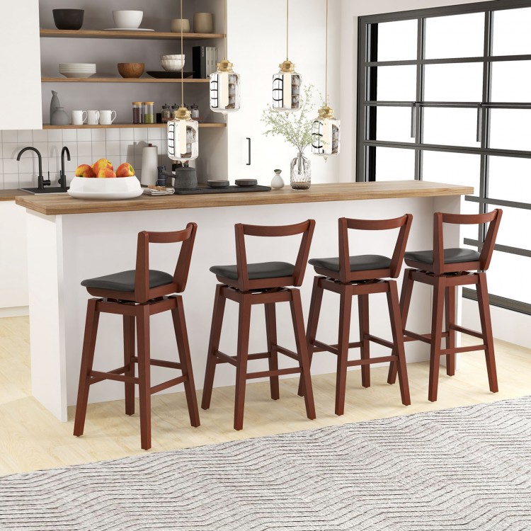Swivel upholstered PU leather stool features a hollow backrest and sturdy frame, perfect for kitchen or dining areas.