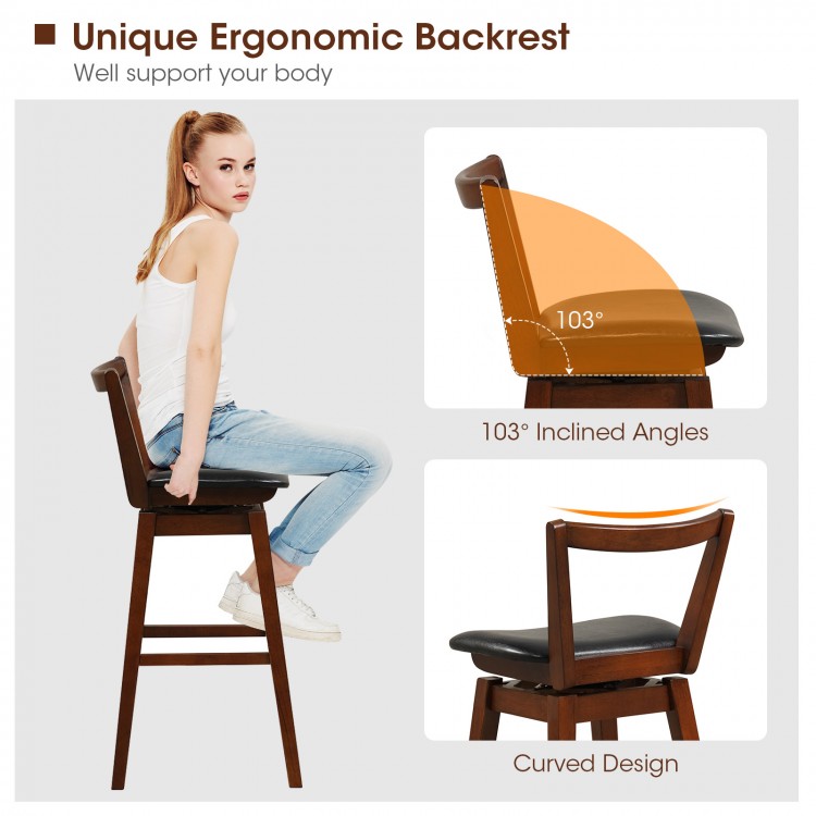 Swivel upholstered PU leather stool with ergonomic backrest, cushioned seat, and 360° swivel for kitchen or bar use.