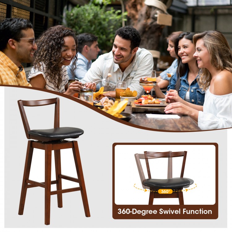 Swivel upholstered PU leather stool with backrest, cushioned seat, and 360-degree swivel for kitchen or bar use.