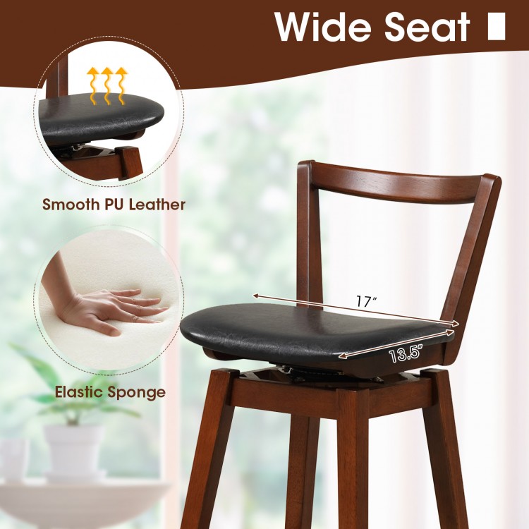 Cushioned seat of the swivel PU leather stool, measuring 17” x 13.5”, designed for comfort in kitchens or bars.