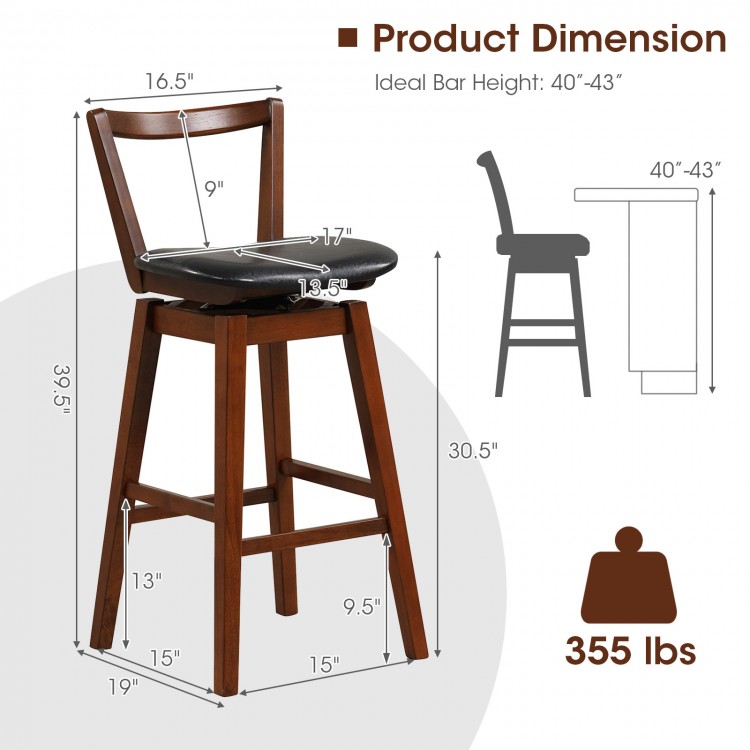 Swivel upholstered PU leather stool with backrest, cushioned seat, and footrest, ideal for kitchen or bar use.