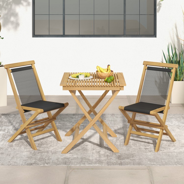 Two Indonesia teak patio folding chairs with woven rope seats and a stylish table, perfect for backyard or poolside use.