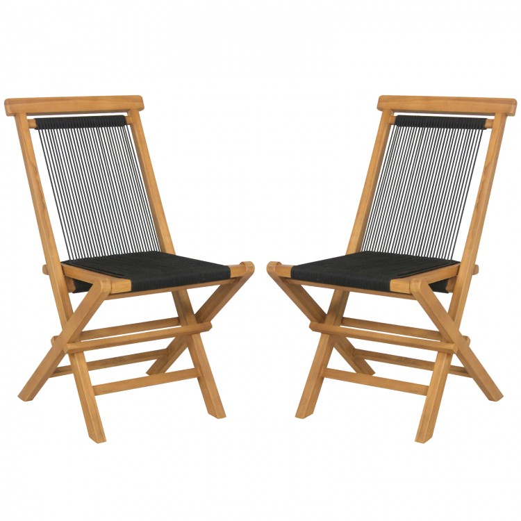 Two Indonesia teak patio folding chairs with woven rope seats, ideal for backyard and poolside relaxation.