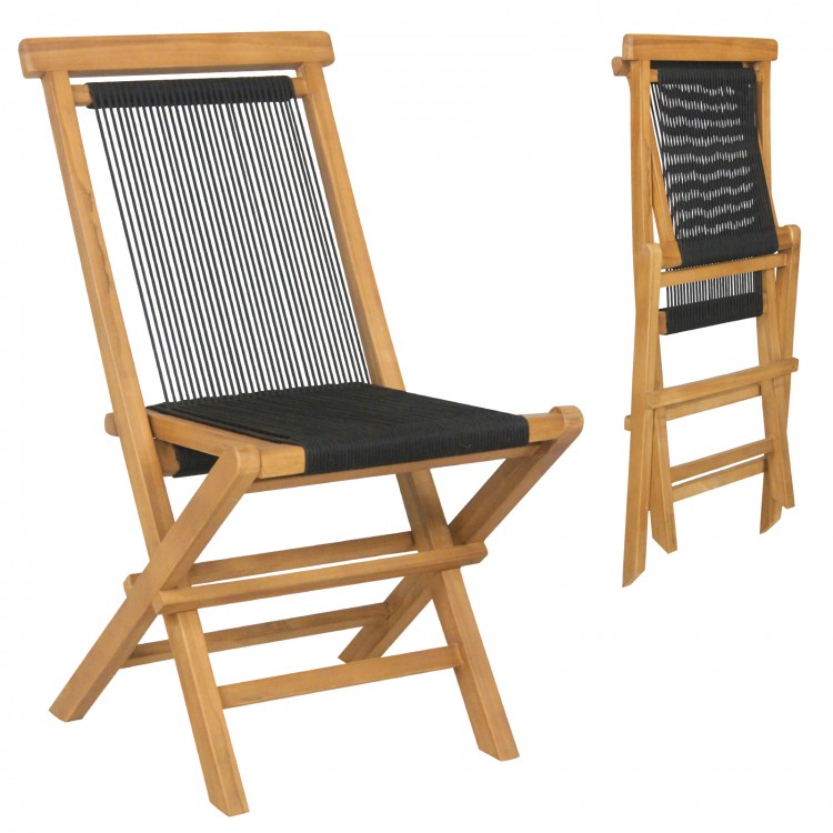 Folding teak patio chair with woven rope seat, featuring a high backrest for comfort, perfect for poolside or backyard.