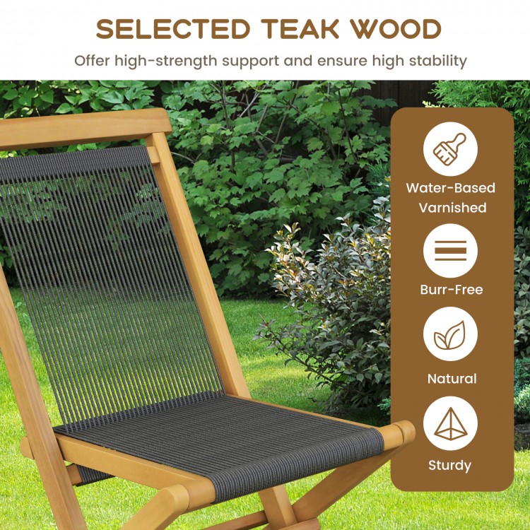 Teak patio folding chair featuring a woven rope seat, water-based varnish, and high backrest for backyard relaxation.