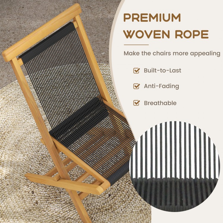 Woven rope seat detail of the 2 Piece Indonesia Teak Patio Folding Chairs, ideal for backyard and poolside relaxation.