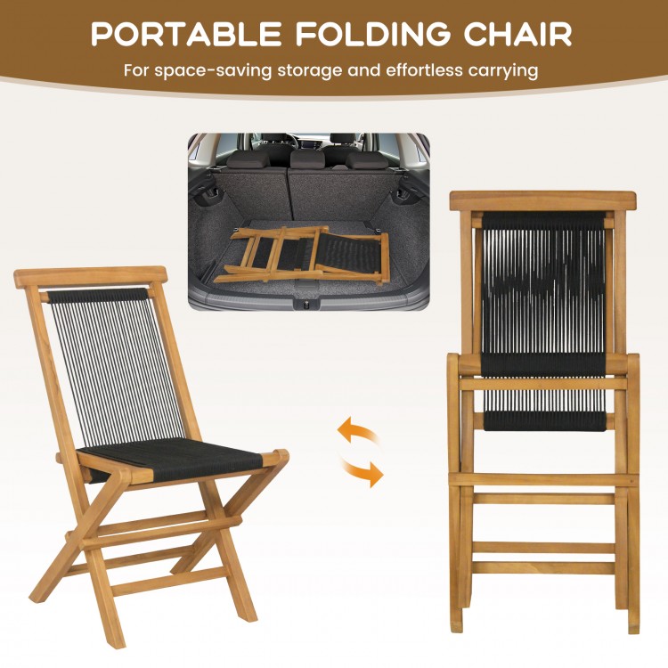 Portable folding chair made of teak wood with woven rope seat, ideal for backyard and poolside relaxation.