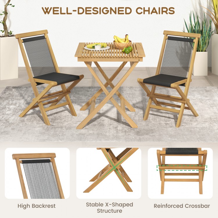 Two folding patio chairs made of teak wood with woven rope seats, featuring a high backrest for backyard relaxation.