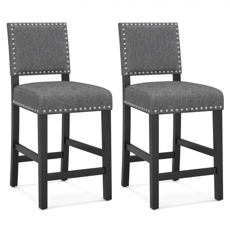Set of 2 counter height chairs with solid rubber wood frame, gray linen fabric, and decorative rivets for stylish.