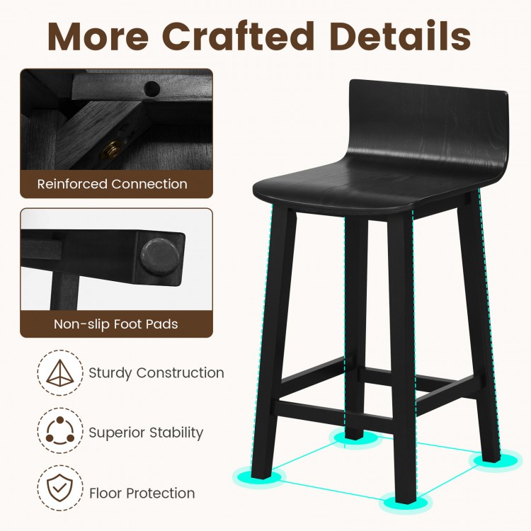 Black wood bar stool with solid back, reinforced connection, and non-slip foot pads for stability and floor protection.
