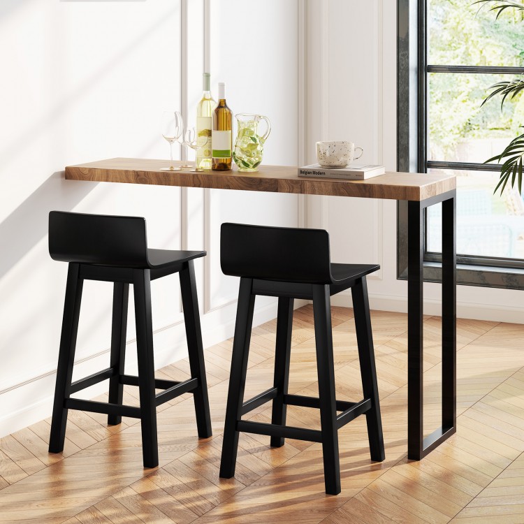 Black wood bar stools set of 2 with solid back and seat, designed for comfort and stability, ideal for kitchen counters.