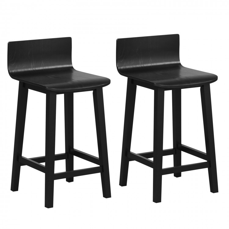 Set of 2 black wood bar stools with solid backs, designed for comfort and stability, perfect for dining or kitchen use.