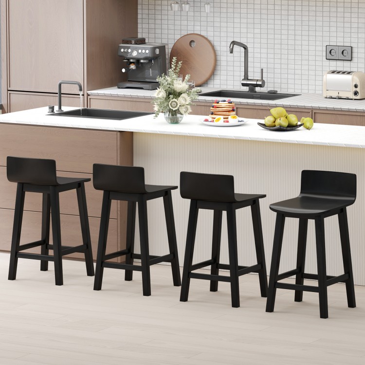 Set of four black wood bar stools with solid back and seat, ideal for kitchen counters and dining areas.