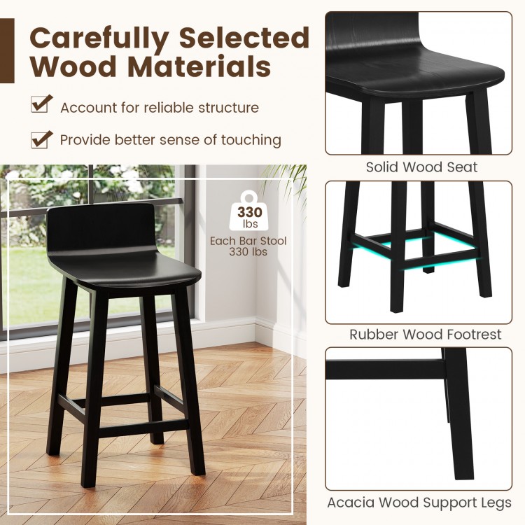 Black wood bar stool with solid back and seat, featuring acacia wood legs and ergonomic design, ideal for dining and.