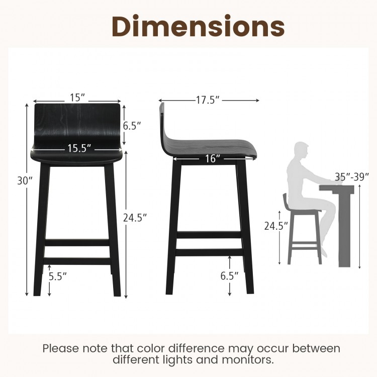 Dimensions of black wood bar stools set of 2, featuring solid back and seat, ideal for 35"-39" bar tables.