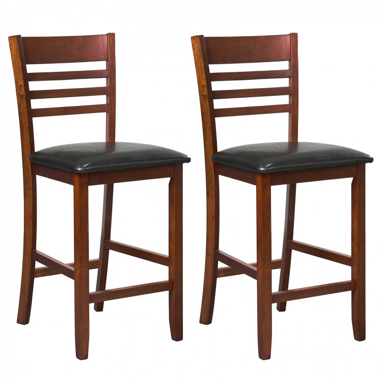 Set of 2 walnut counter height bar chairs with ergonomic backrest and padded seat, ideal for kitchen islands or dining.