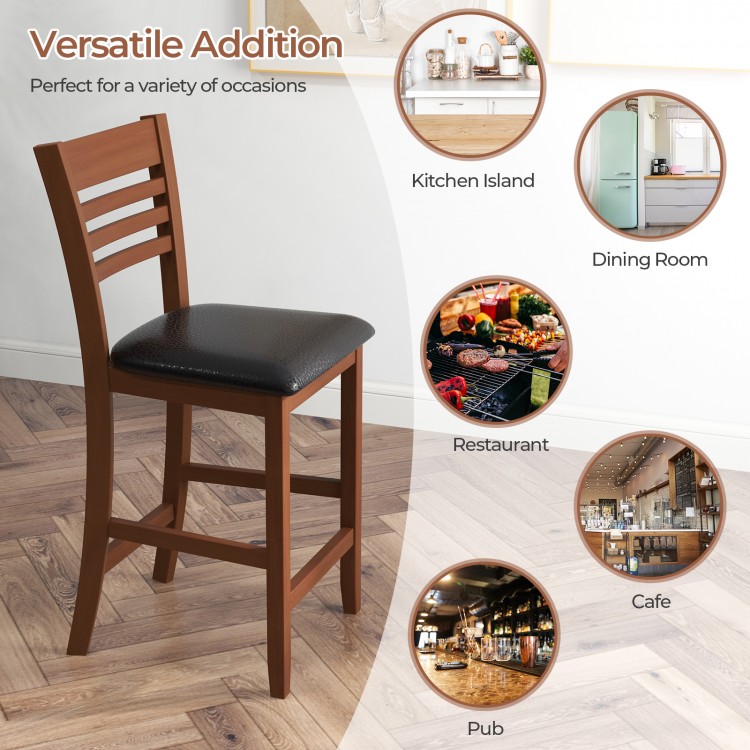 Counter height bar chair in walnut with padded seat and backrest, ideal for kitchen islands and dining rooms.