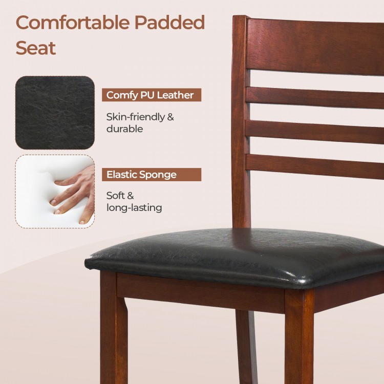 Close-up of a comfortable padded seat in PU leather on a walnut bar chair, designed for kitchen islands and dining.