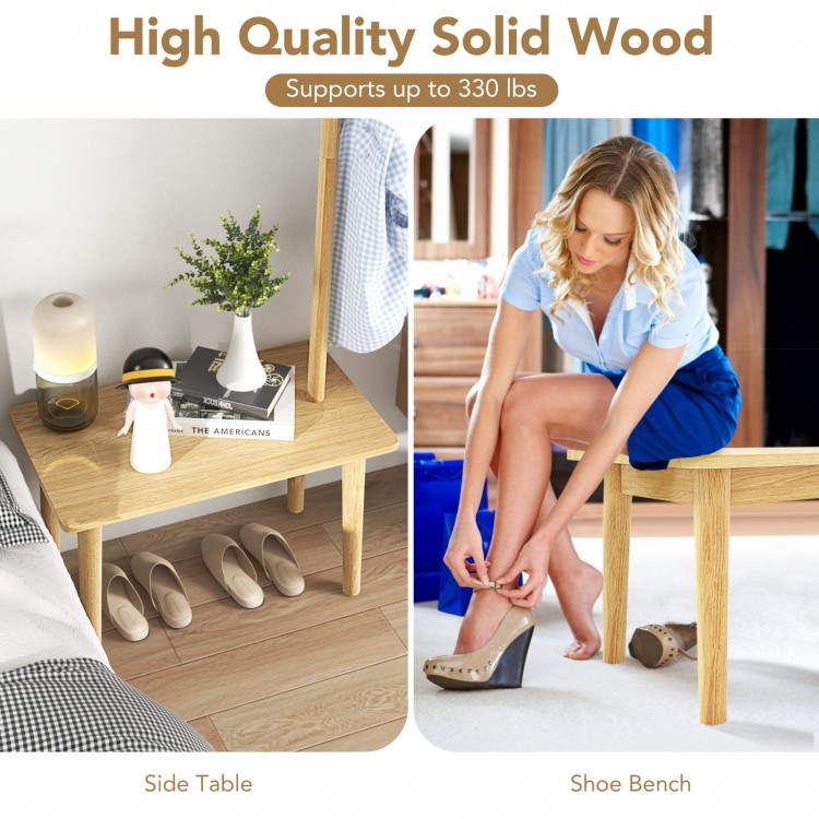 Natural solid wood end table with coat rack, supporting 330 lbs, ideal for living room or bedroom use.