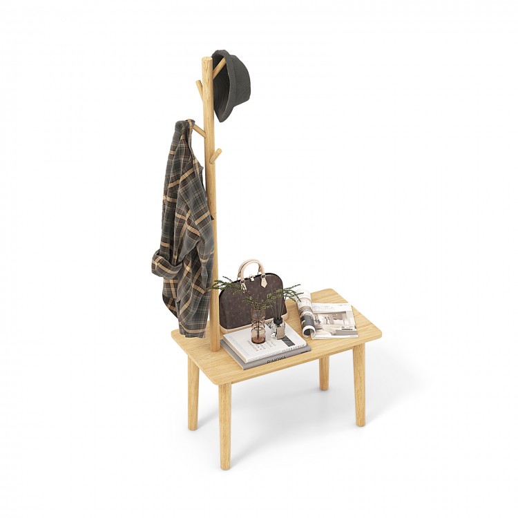 End table with coat rack in natural solid wood, featuring practical hooks and a space-saving design for versatile use.