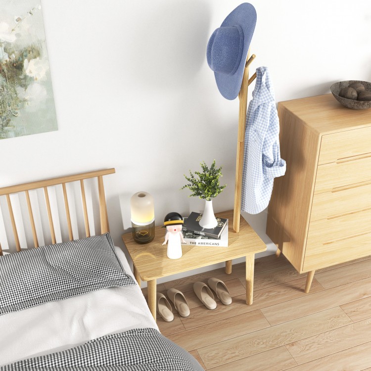 End table with coat rack in natural solid wood, featuring practical hooks and a versatile 2-in-1 design for.