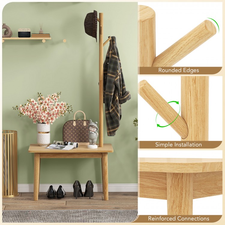 End table with coat rack featuring solid rubber and acacia wood, designed for durability and space-saving elegance.