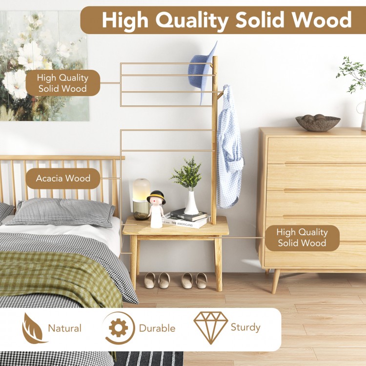 End table with coat rack made of acacia wood, featuring practical hooks and a space-saving design for versatile use.