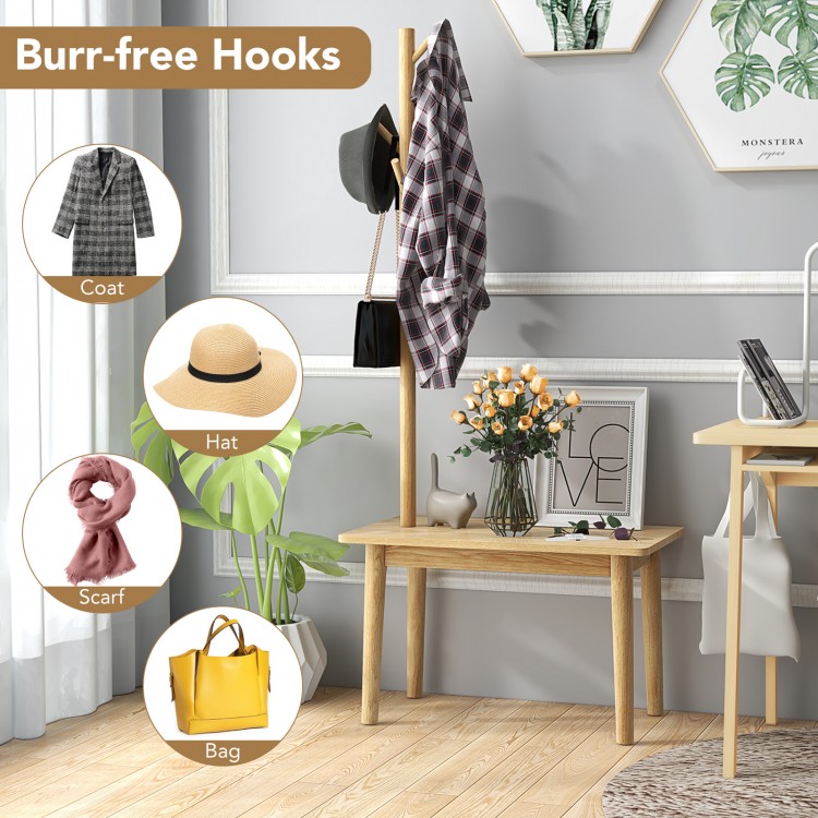 End table with coat rack in natural wood, featuring practical hooks and a space-saving design for versatile use.