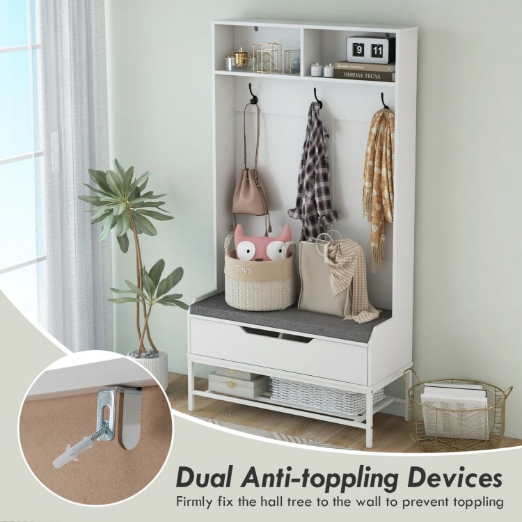 69-inch tall hall tree with coat rack, seat cushion, and shoe storage, featuring dual anti-toppling devices for safety.